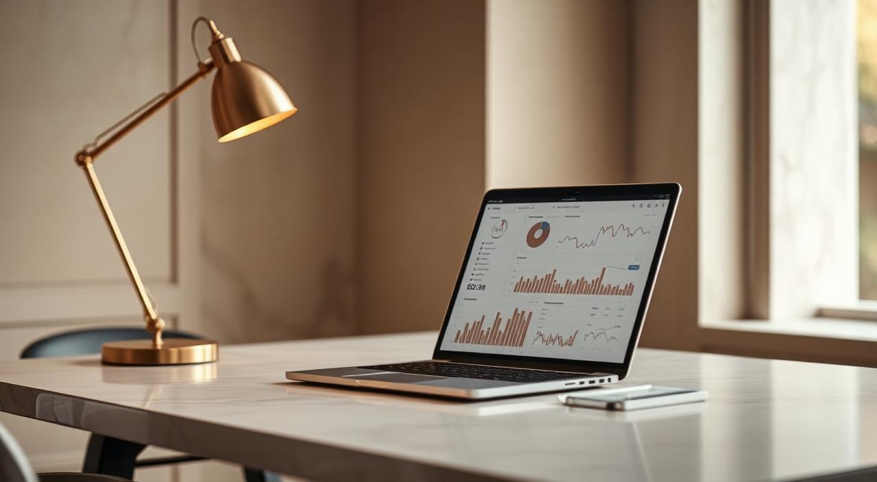 Interior designer reviewing AI answer-engine results on a laptop in a styled living room, illustrating Answer Engine Optimization for design studios.
